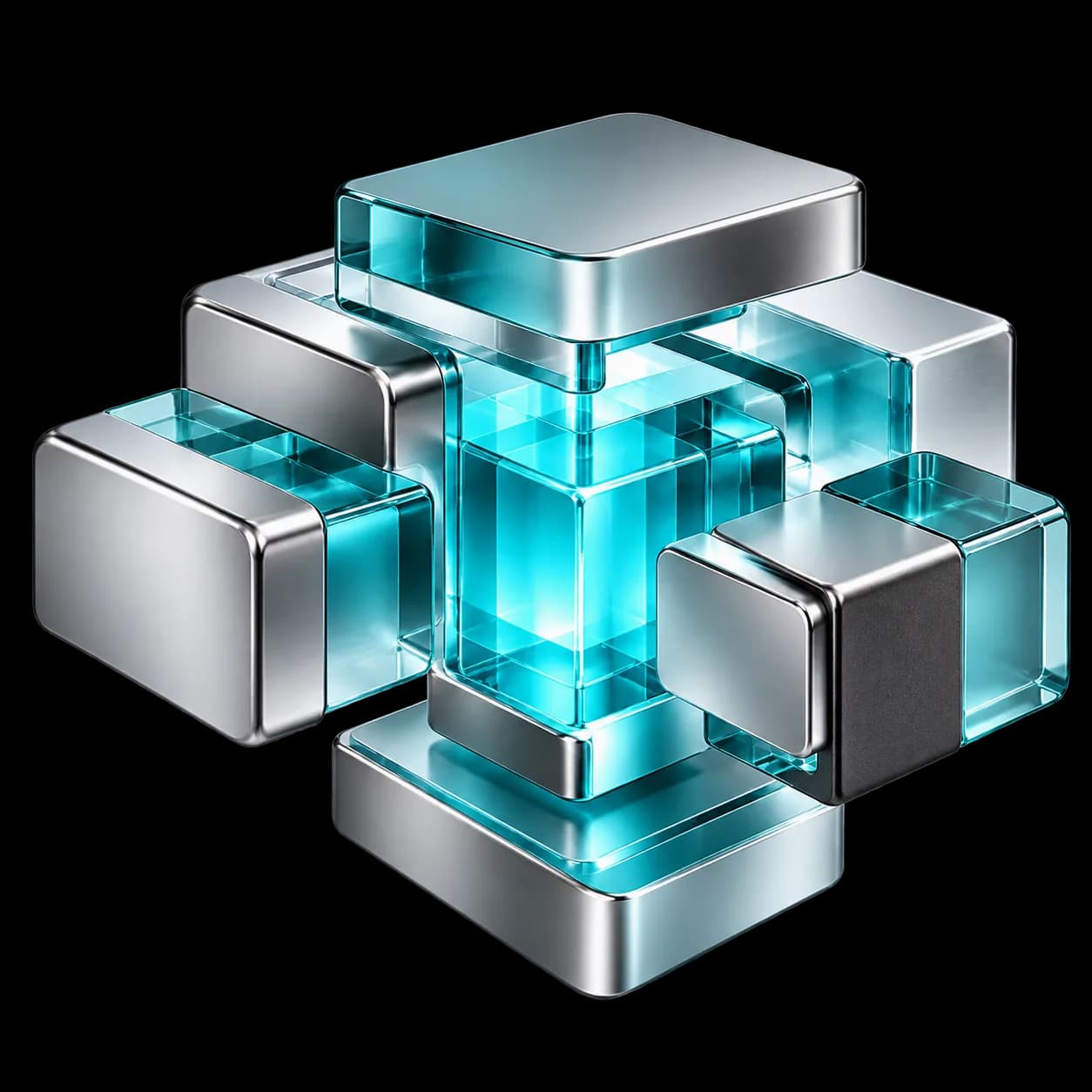 Composición 3D de módulos de cristal turquesa y metal conectados alrededor de un núcleo central