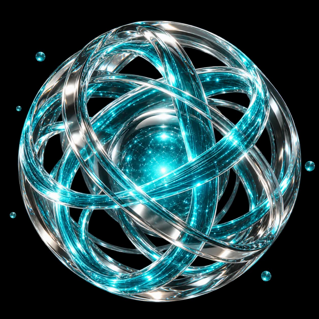 Esfera 3D de cristal y metal con un núcleo luminoso turquesa que representa la inteligencia conectada de LYRA